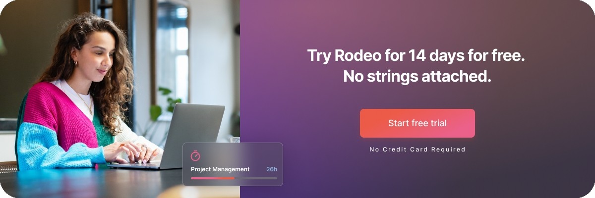 A banner with the photo of a woman working on a laptop at a desk to the left. To the right, the text 'Try Rodeo for 14 days for free. No strings attached' against a purple and black gradient background, and a 'Start free trial' button.