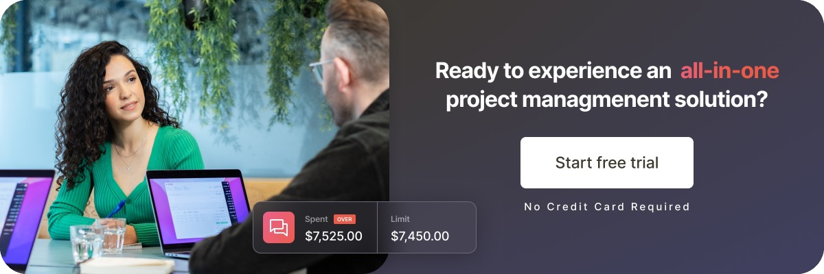Banner with female and male coworkers collaborating together on the left. On the right, the text 'Ready to experience an all-in-one project management solution' against a dark gradient background, and a 'Start free trial' button.
