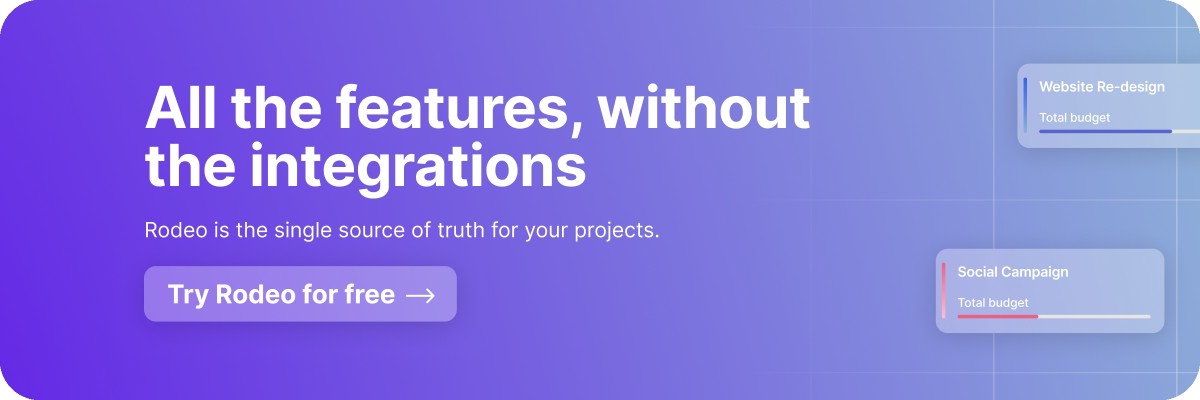 Banner with the text 'All the features, without the integrations' in white font against a purple and blue gradient background, and a 'Try Rodeo for free' button.