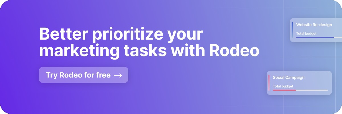 Purpler and blue gradient banner with the text: 'Better prioritize your marketing tasks with Rodeo', and a 'Try Rodeo for free' button.