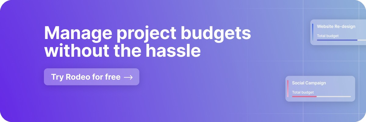 Purple and blue gradient banner with the text: 'Manage project budgets without the hassle' in white font, and a 'Try Rodeo for free' button.