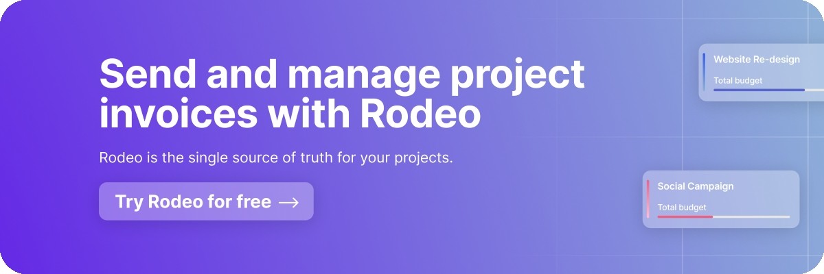 Banner with the text 'Send and manage project invoices with Rodeo' against a blue gradient background, and a 'Try Rodeo for free' button.