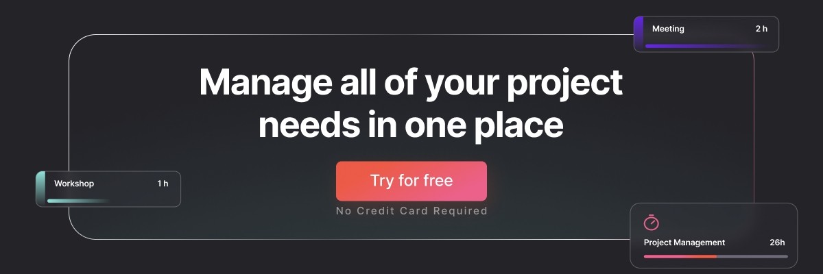 Banner with the text 'Manage all of your project needs in one place' against a dark gradient background, with a 'Try for free' button.