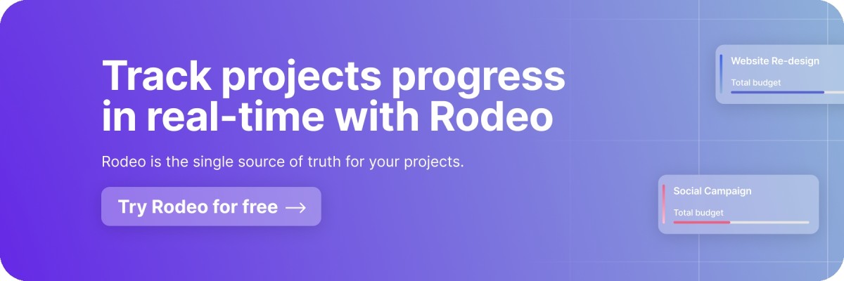 Banner with the text 'Track projects progress in real-time with Rodeo' against purple gradient background, and a 'Try Rodeo for free' button.