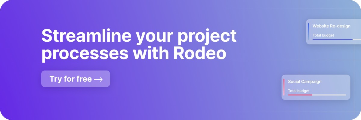 Purple gradient banner that reads "Streamline your project processes with Rodeo"