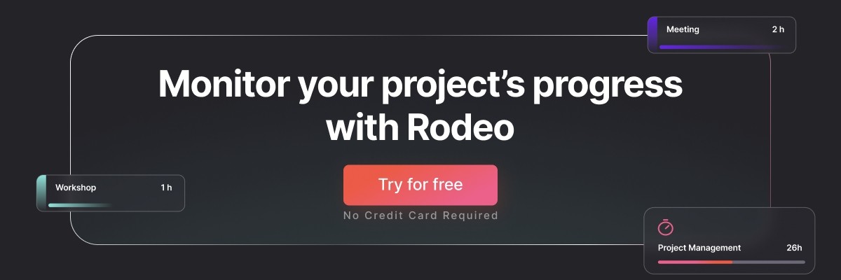 Black gradient banner with the text: ‘monitor your project's progress with Rodeo' in white font, and a ‘Try for free’ button.