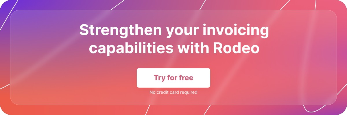 Pink and purple free trial banner that reads, 'Strengthen your invoicing capabilities with Rodeo'