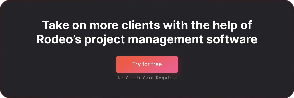 Dark free trial banner that reads, 'Take on more clients with the help of Rodeo's project management software'
