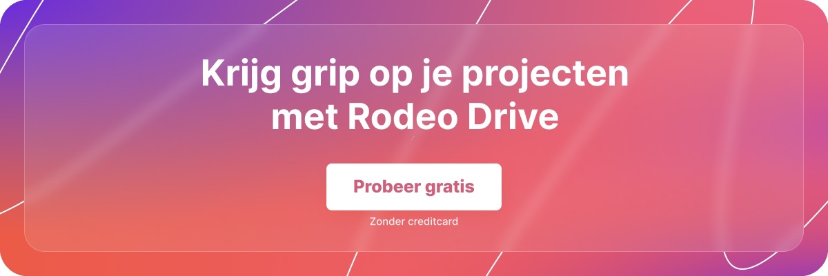 Een paars met roze banner met de tekst 'krijg grip op je projecten met Rodeo Drive' en een knop ‘probeer gratis’.
