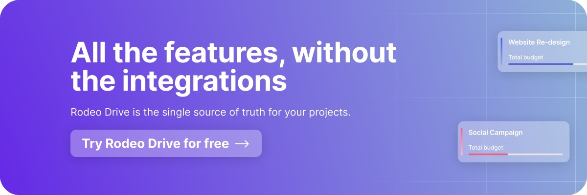 Banner with the text 'All the features, without the integrations' in white font against a purple and blue gradient background, and a 'Try Rodeo Drive for free' button.