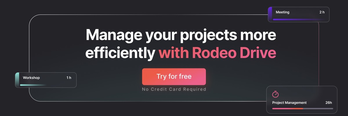 Banner with the text 'Manage your projetcs more efficiently with Rodeo Drive' against a dark gradient background, and a 'Try for free' button.