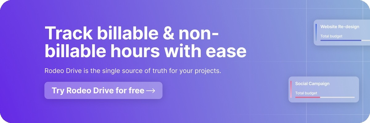Banner with the text 'Track billable & non-billable hours with ease' in white font against a purple and blue gradient background, and a 'Try Rodeo Drive for free' button.