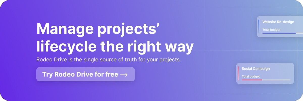 Purple and blue gradient banner with the text: "Manage projects’ lifecycle the right way" and a "Try Rodeo Drive for free" button.