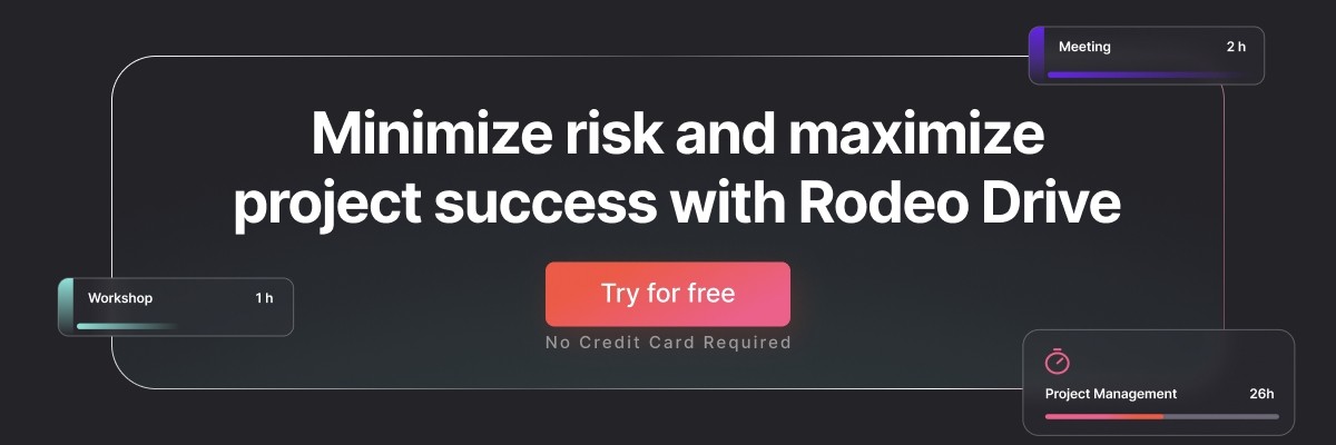 Dark gray free trial banner that reads, 'Minimize risk and maximize project success with Rodeo'