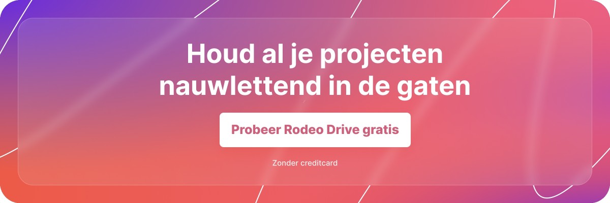 Een paars met roze banner met de tekst 'Houd al je projecten nauwlettend in de gaten' en een knop ‘Probeer Rodeo Drive gratis’.