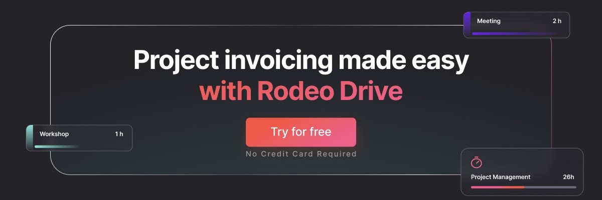 Banner with the text 'Project invoicing made easy with Rodeo' against a dark gradient background, and a 'Try for free' button.
