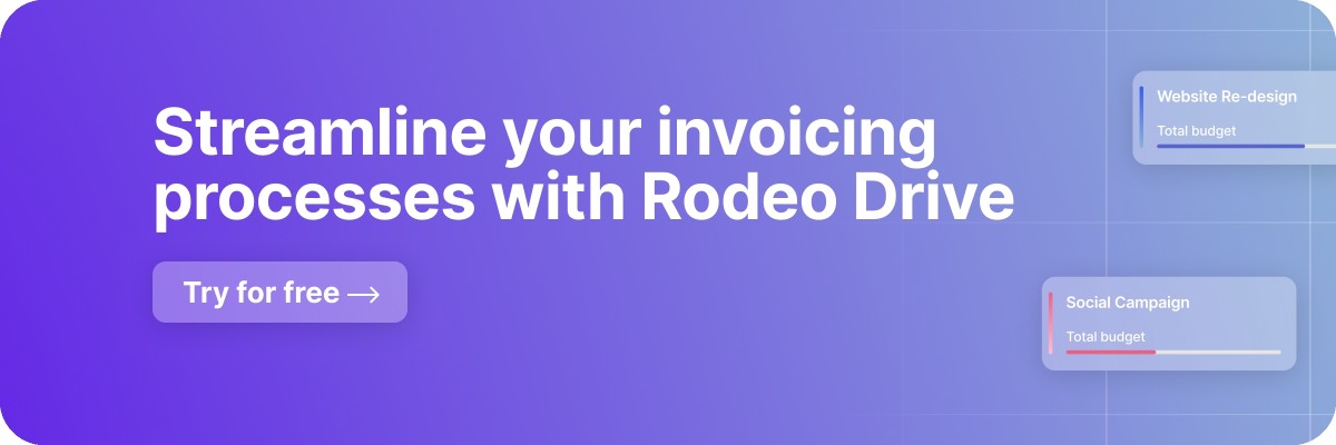 Purple gradient free trial banner that reads, 'Streamline your invoicing processes with Rodeo Drive'