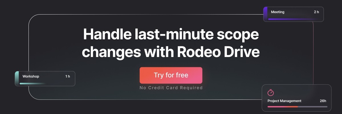 Black banner with the text: ‘Handle last-minute scope changes with Rodeo' in white font, and a ‘Try for free’ button.