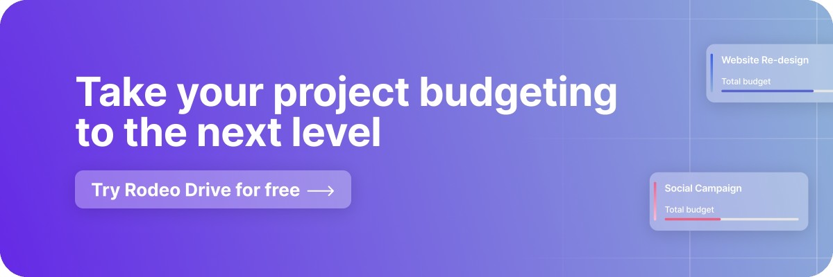 Purple gradient free trial banner that reads, 'Take your project budgeting to the next level'
