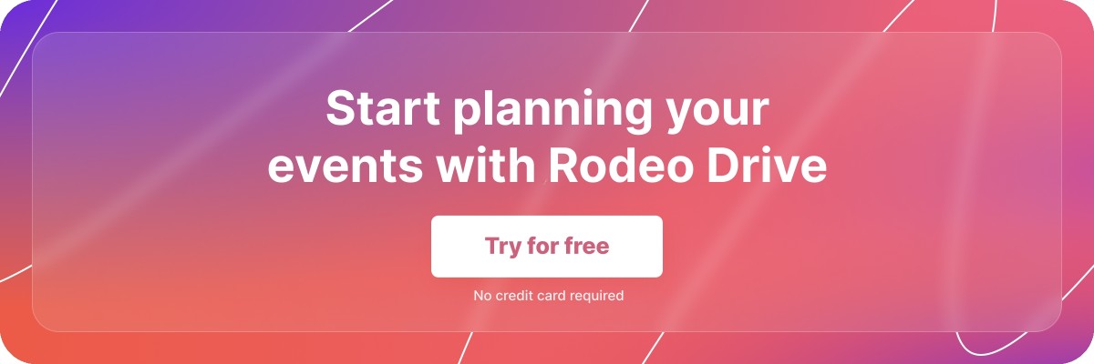 Banner with white font text: 'Start planning your events with Rodeo Drive' on a purple and pink gradient background, and a 'Try for free' button.