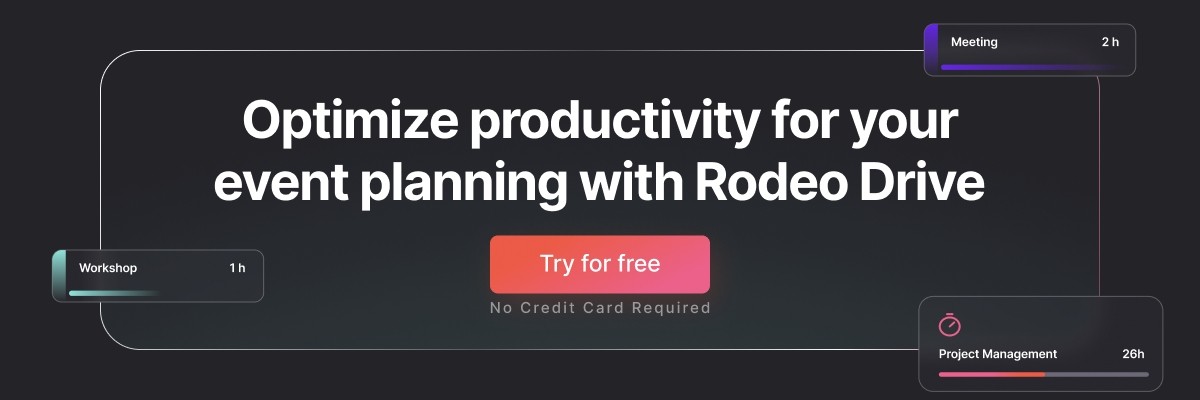 Black banner with the text: ‘Purple and pink gradient banner with the text: ‘Supercharge your projects and events with Rodeo, and a ‘Try for free’ button., and a ‘Try for free’ button.