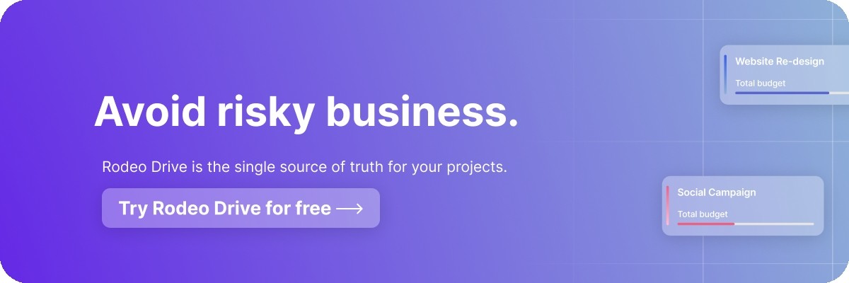 Gradient purple banner that reads "Avoid risky business with "Try Rodeo for free" underneath