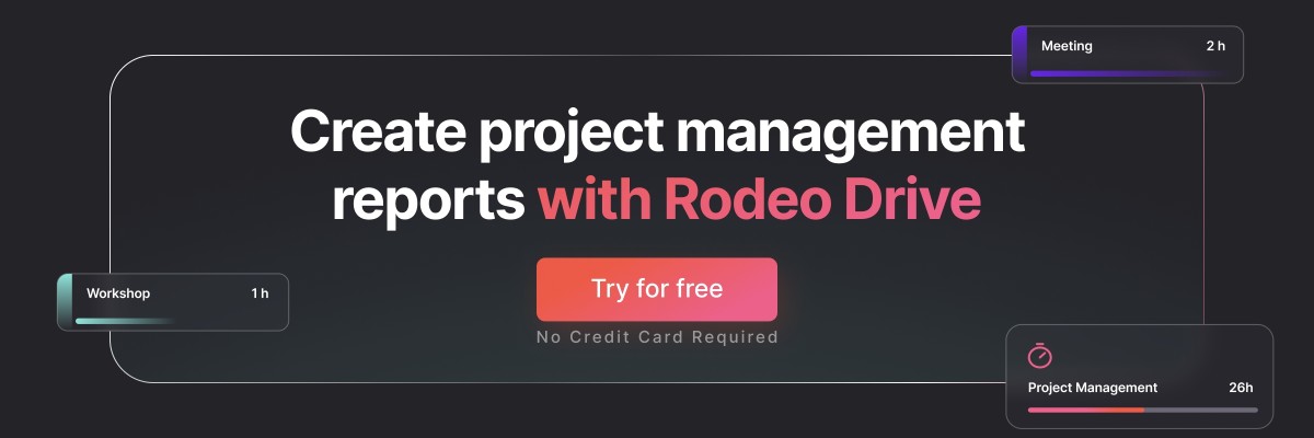 Banner with the text 'Create project management reports with Rodeo Drive' against a dark gradient background, and a 'Try for free' button.