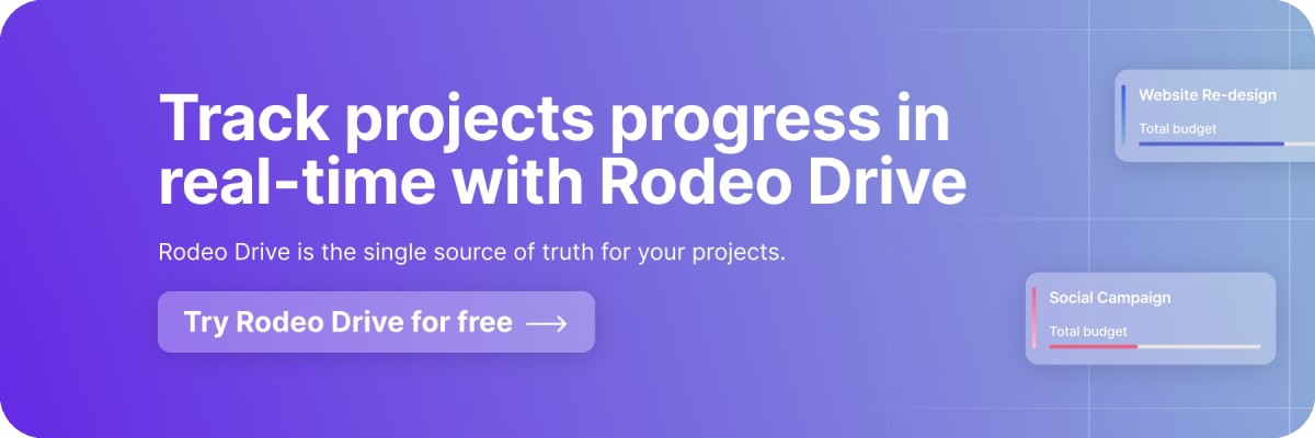 Purple and blue gradient banner with the text: ‘Track project budgets in real-time with Rodeo’ in white font, and a ‘Try Rodeo for free’ button.