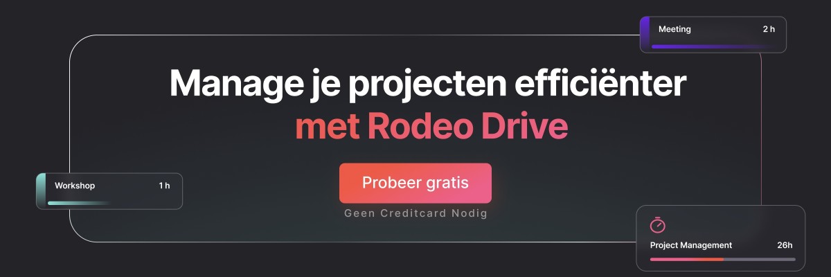 Banner met de tekst 'maak je projecten efficienter met Rodeo Drive' in wit tegen een zwarte achtergrond, en een 'Probeer gratis' button.