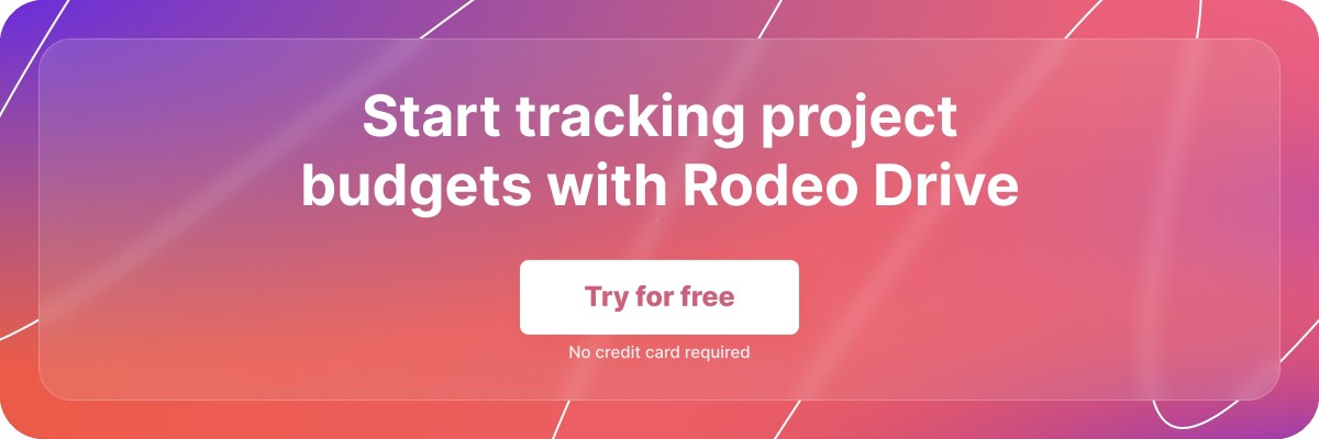 Purple and pink gradient banner with the text: 'Start tracking project budgets with Rodeo' in white font, and a 'Try for free' button.