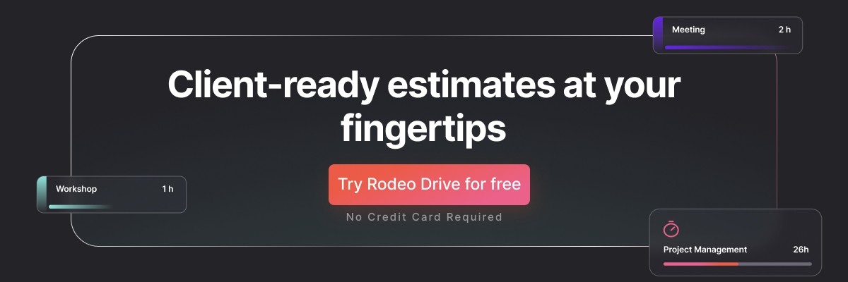 Black banner with the text: ‘Client-ready estimates at your fingertips, and a ‘Try for free’ button.