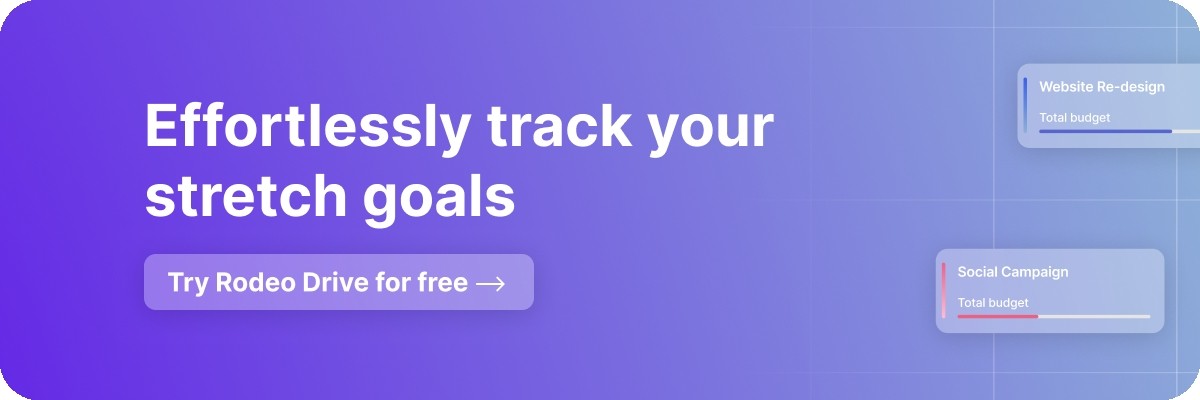 Purple banner with text, "Effortlessly track your stretch goals" with button to try Rodeo Drive