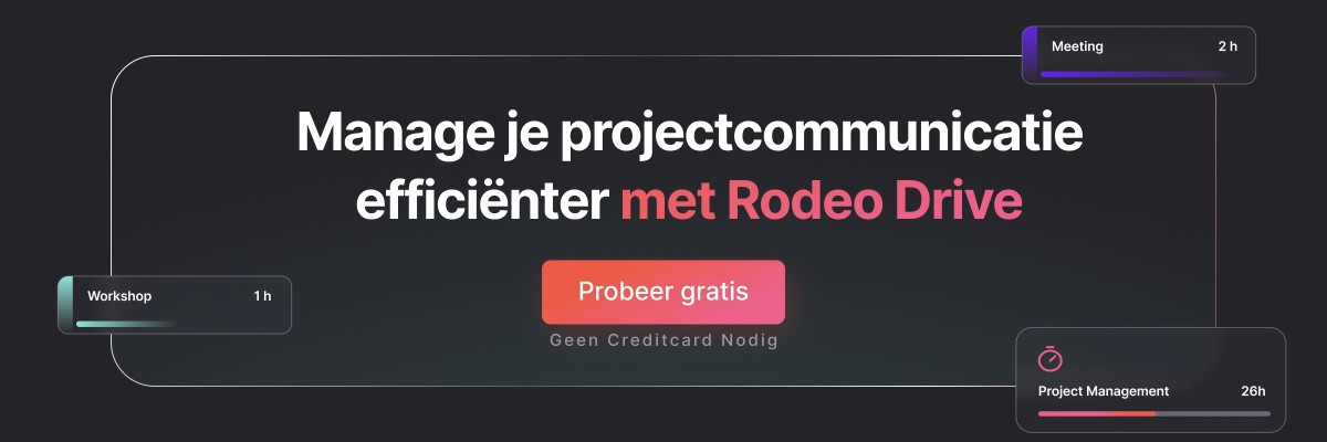 Banner met de tekst 'Manage je projectcommunicatie efficienter met Rodeo' Drive in wit tegen een zwarte achtergrond, en een 'Probeer gratis' button.