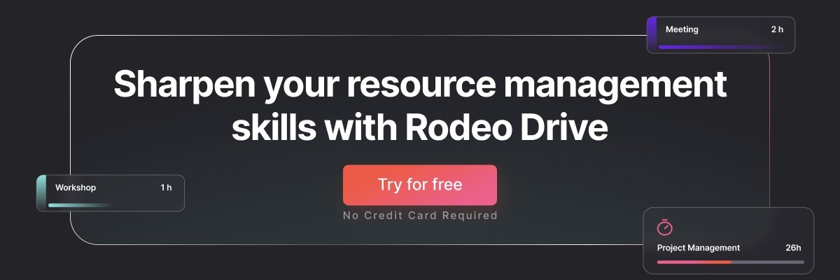 Black banner with the text: ‘Sharpen your resource management skills with Rodeo Drive' in white font, and a ‘Try for free’ button.