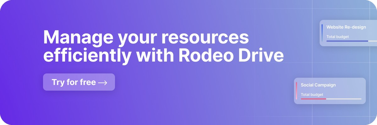 Banner with the text 'Manage your resources efficiently with Rodeo Drive' against a purple and blue gradient background, and a 'Try Rodeo for free' button.