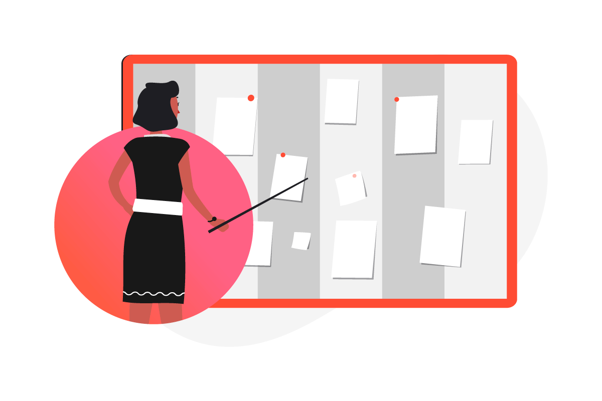 Illustration of a woman pointing to paper on a board to represent planning. 