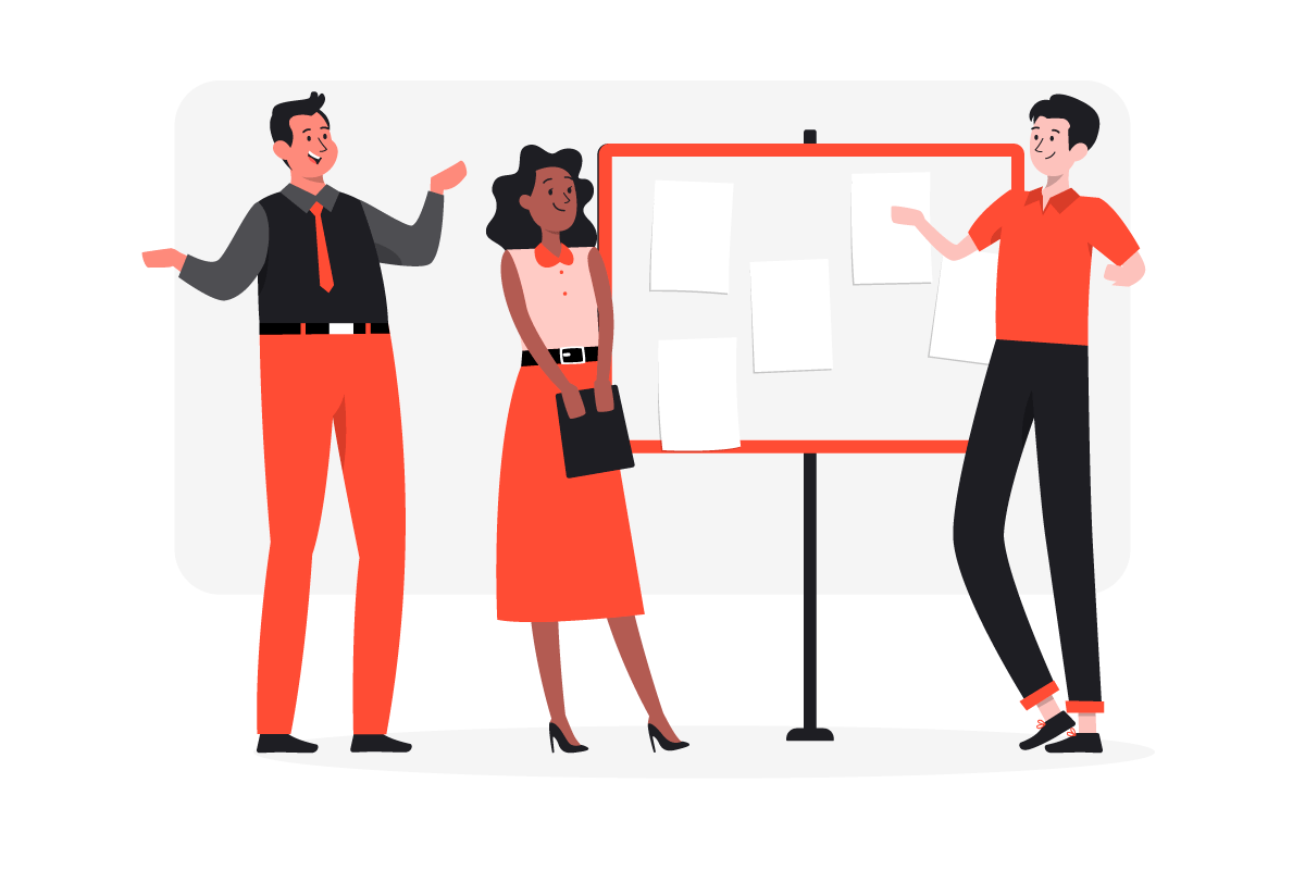 Illustration of three people standing around a project board. 