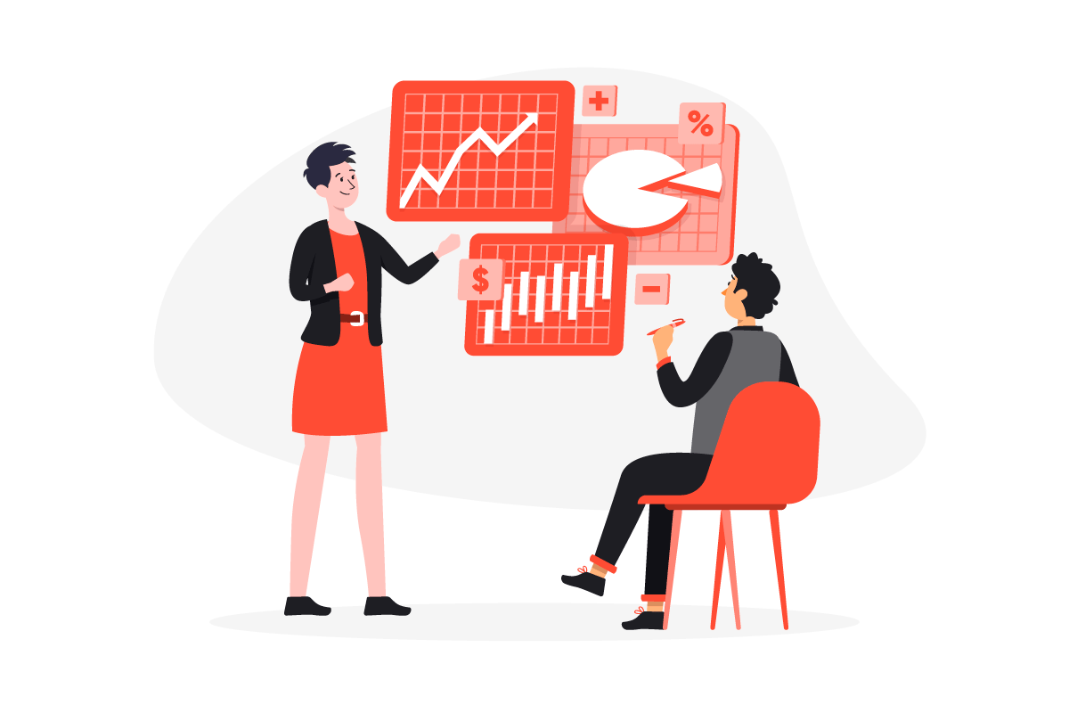 Illustration of two people looking at graphs.