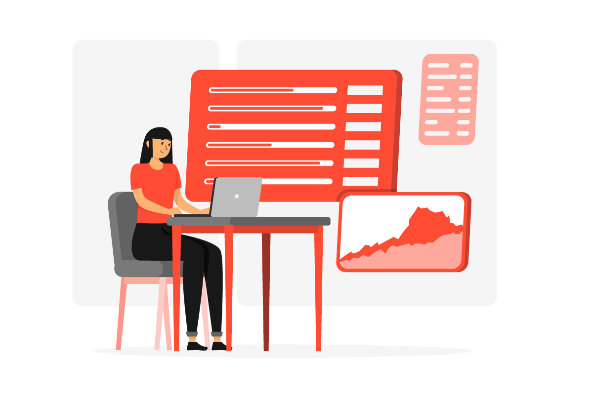 Illustration of a woman sitting at a desk tracking her expenses