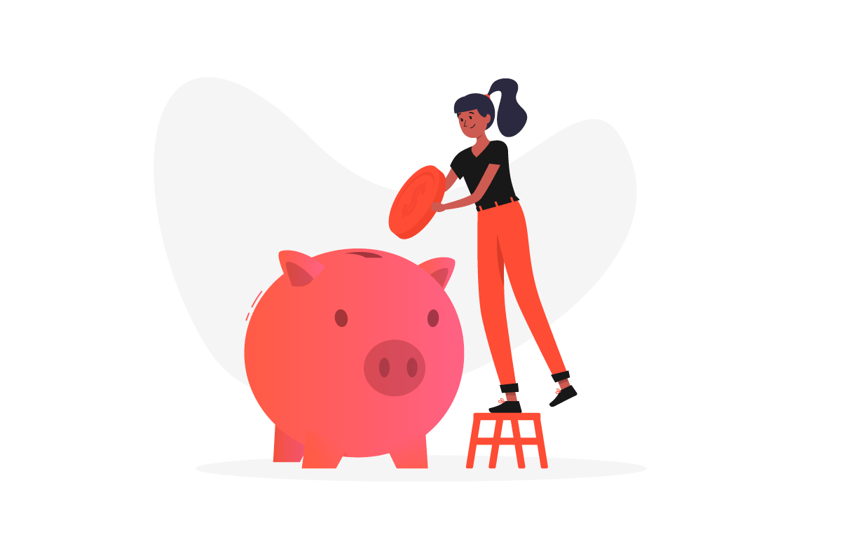 Illustration of woman putting a coin into a piggy bank.
