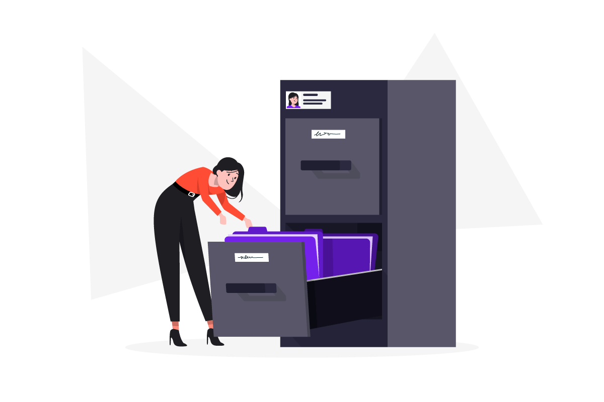 Illustration of a woman reaching into a filing cabinet. 
