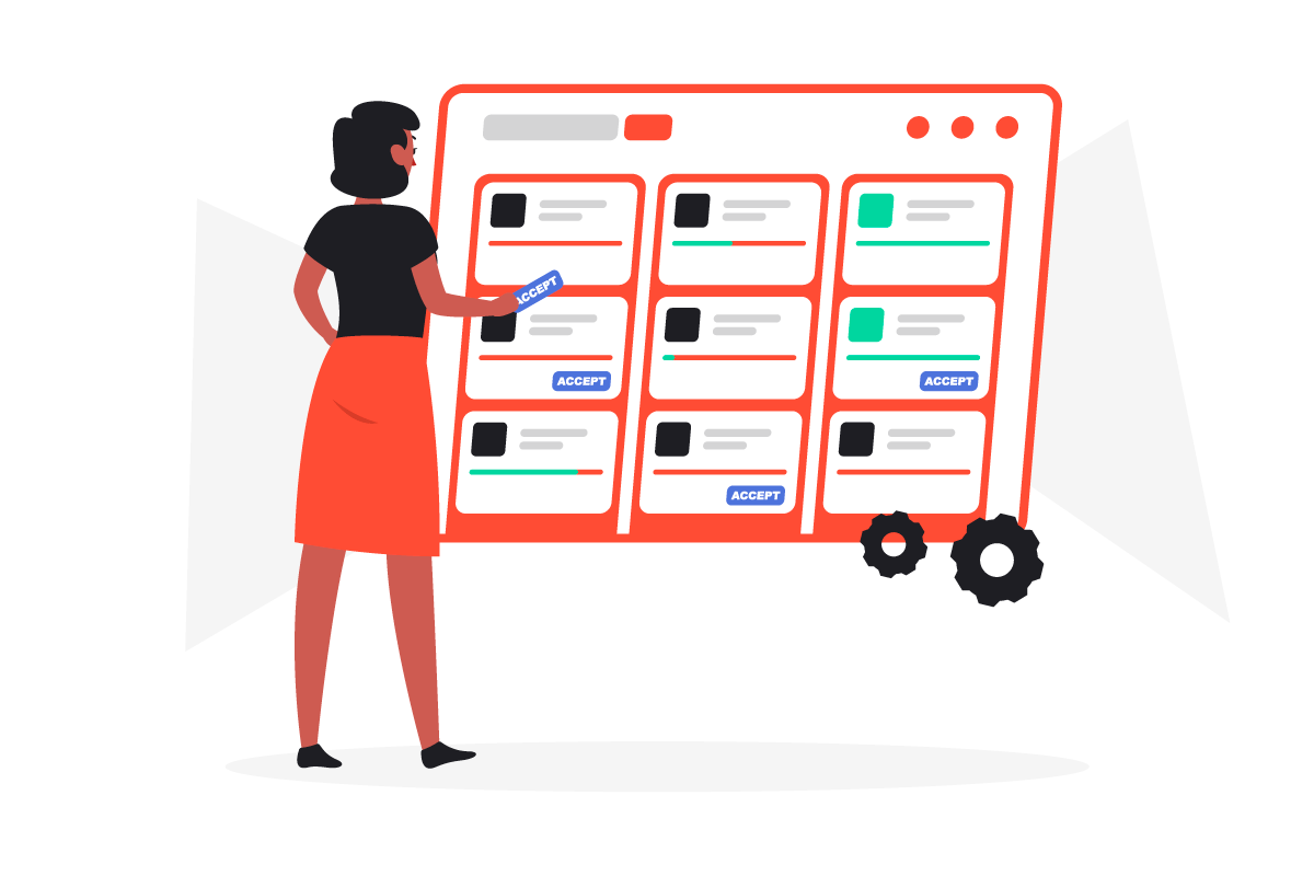 Illustration of a woman accepting project tasks on a board. 