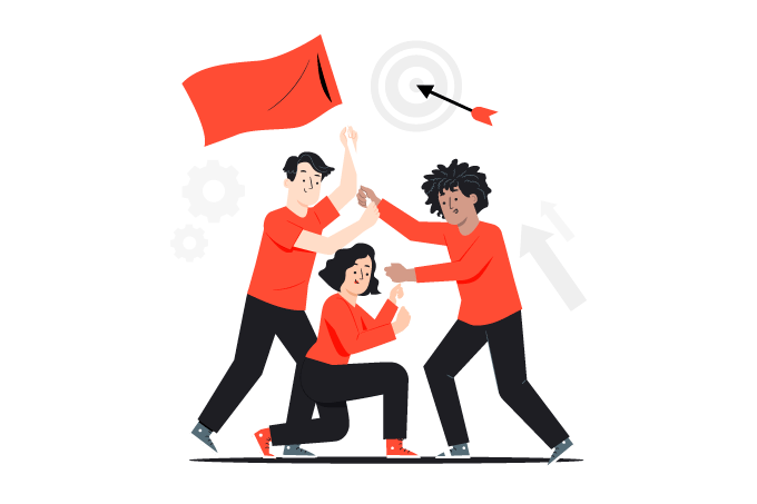 Illustration showing three people holding a flag to represent teamwork.