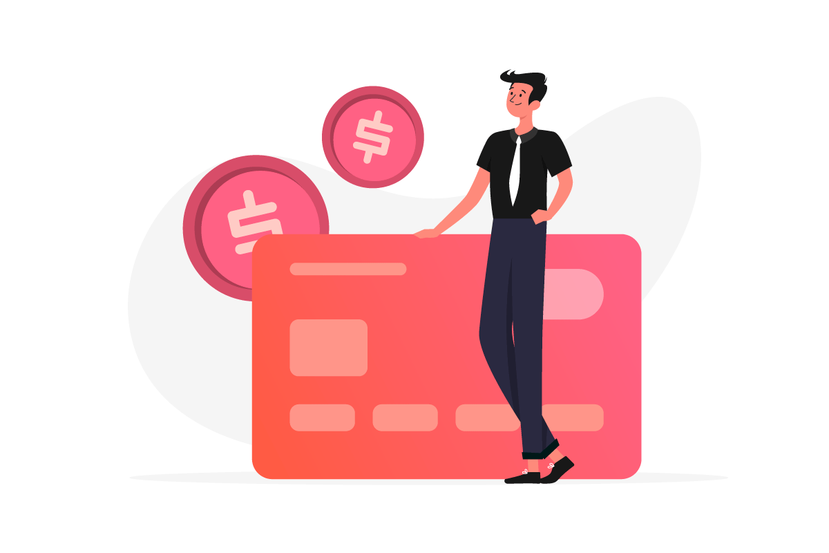 Illustration of a man standing next to an invoice. 