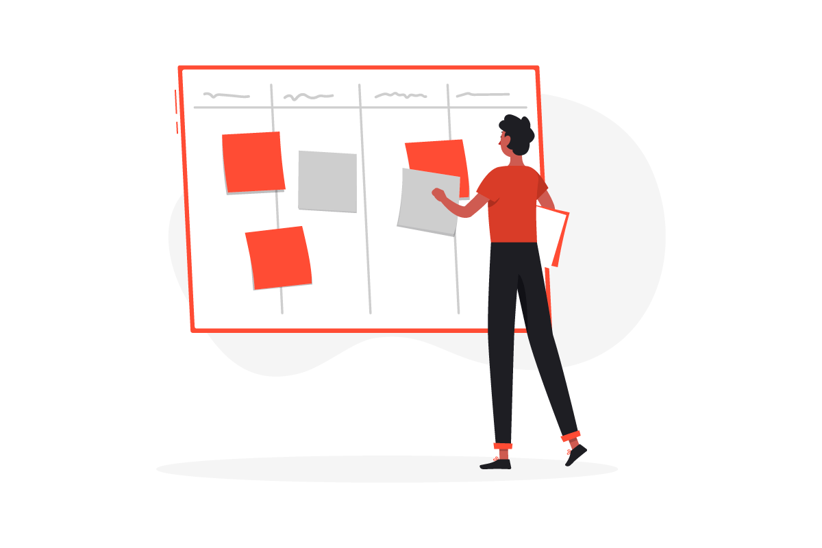 Illustration of woman putting papers onto a Kanban board. 