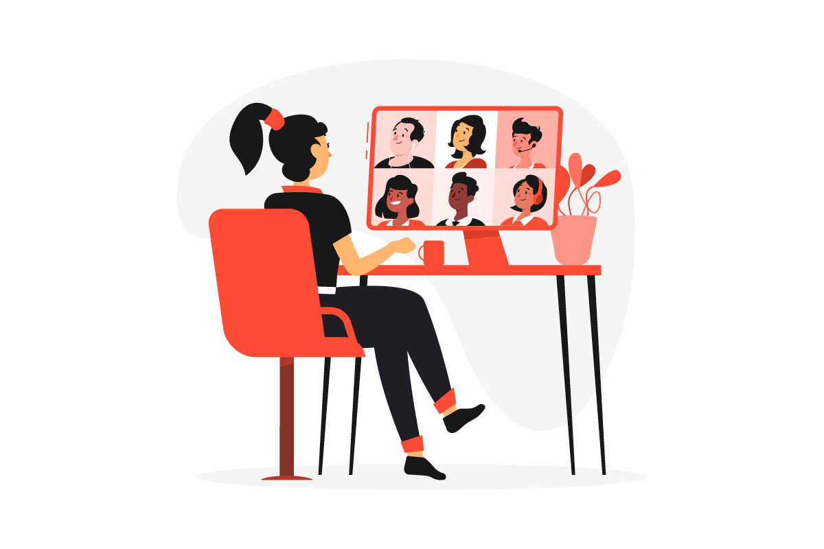 Illustration of a woman sitting at a desk on a video call. 