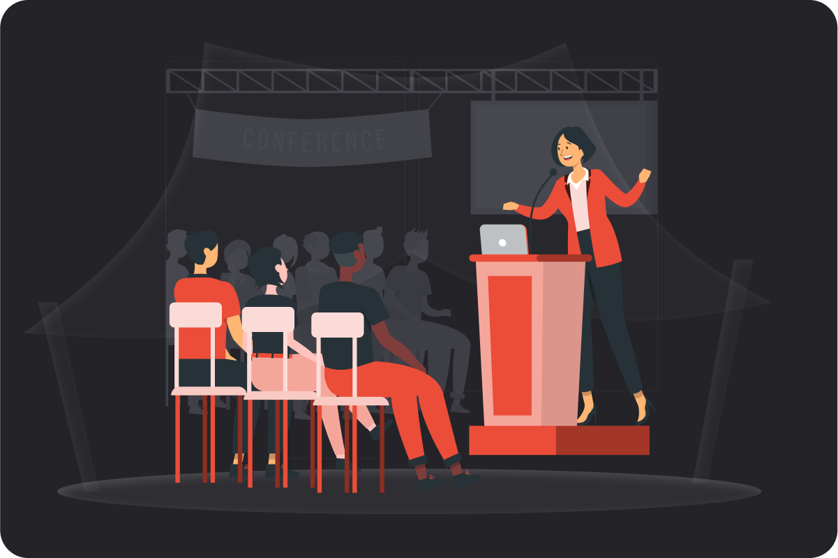 Illustration depicting a woman speaking at a podium