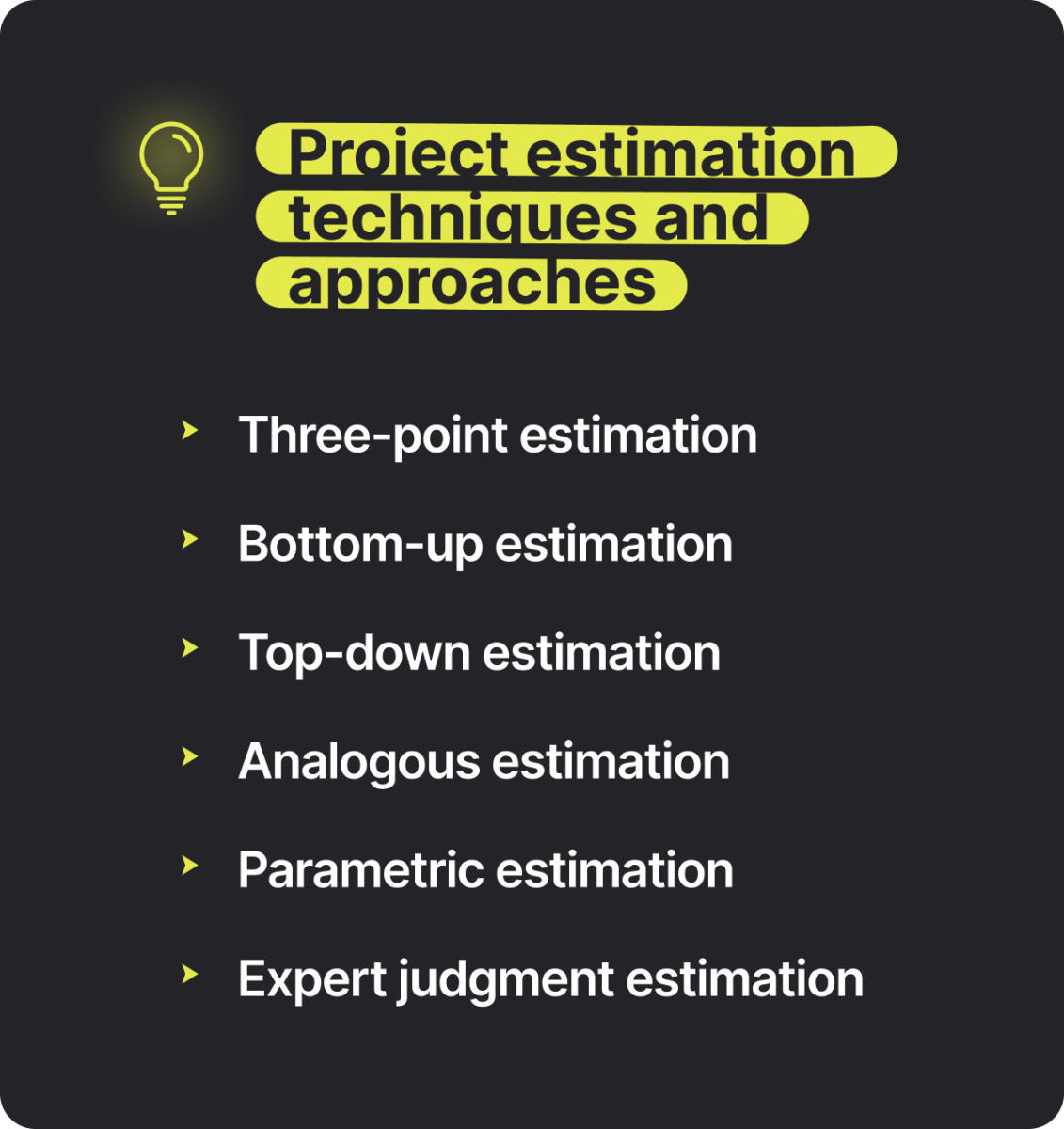 Illustration listing the 6 project estimation techniques and approaches discussed in this blog.