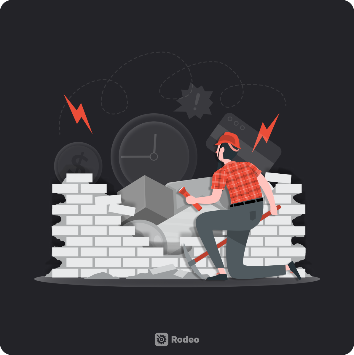 Person with hardhat breaking down brick wall