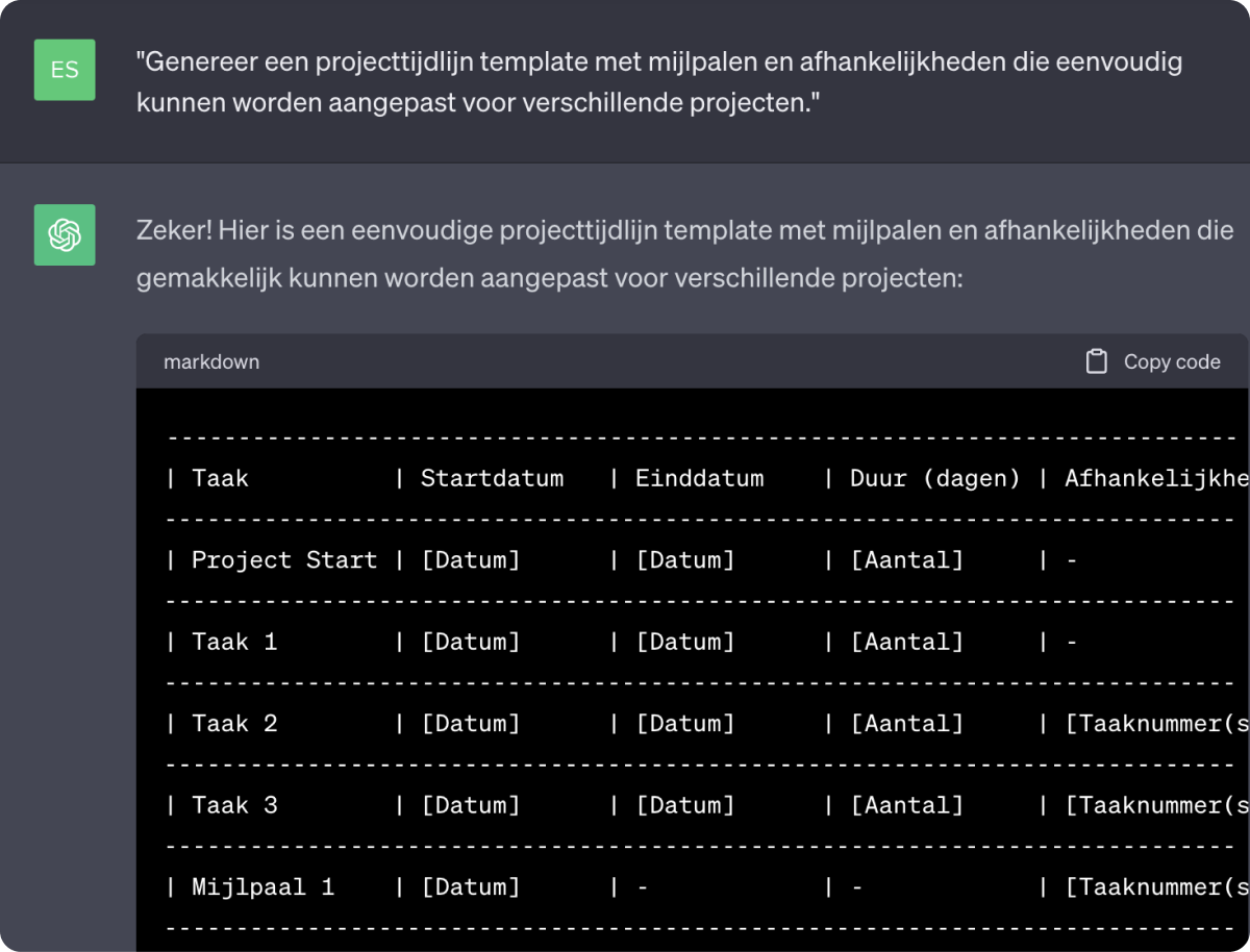 Screenshot gesprek met ChatGPT over projecttijdlijn template